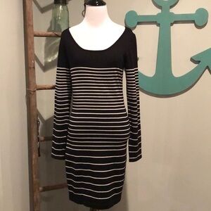 Pink rose, white and black striped dress